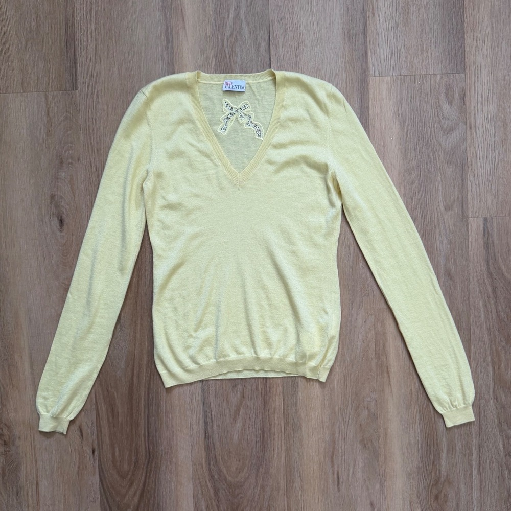 RED Valentino Butter Yellow Cashmere Silk Lace Bow V-Neck Sweater quiet luxury
